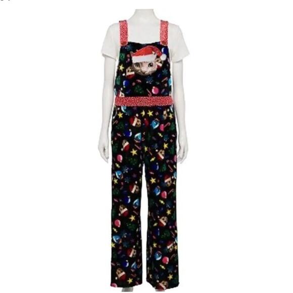love on a hanger Pants - Women Christmas Cat Holiday Jumper Overall M Kitty Santa Lounge Velour NEW